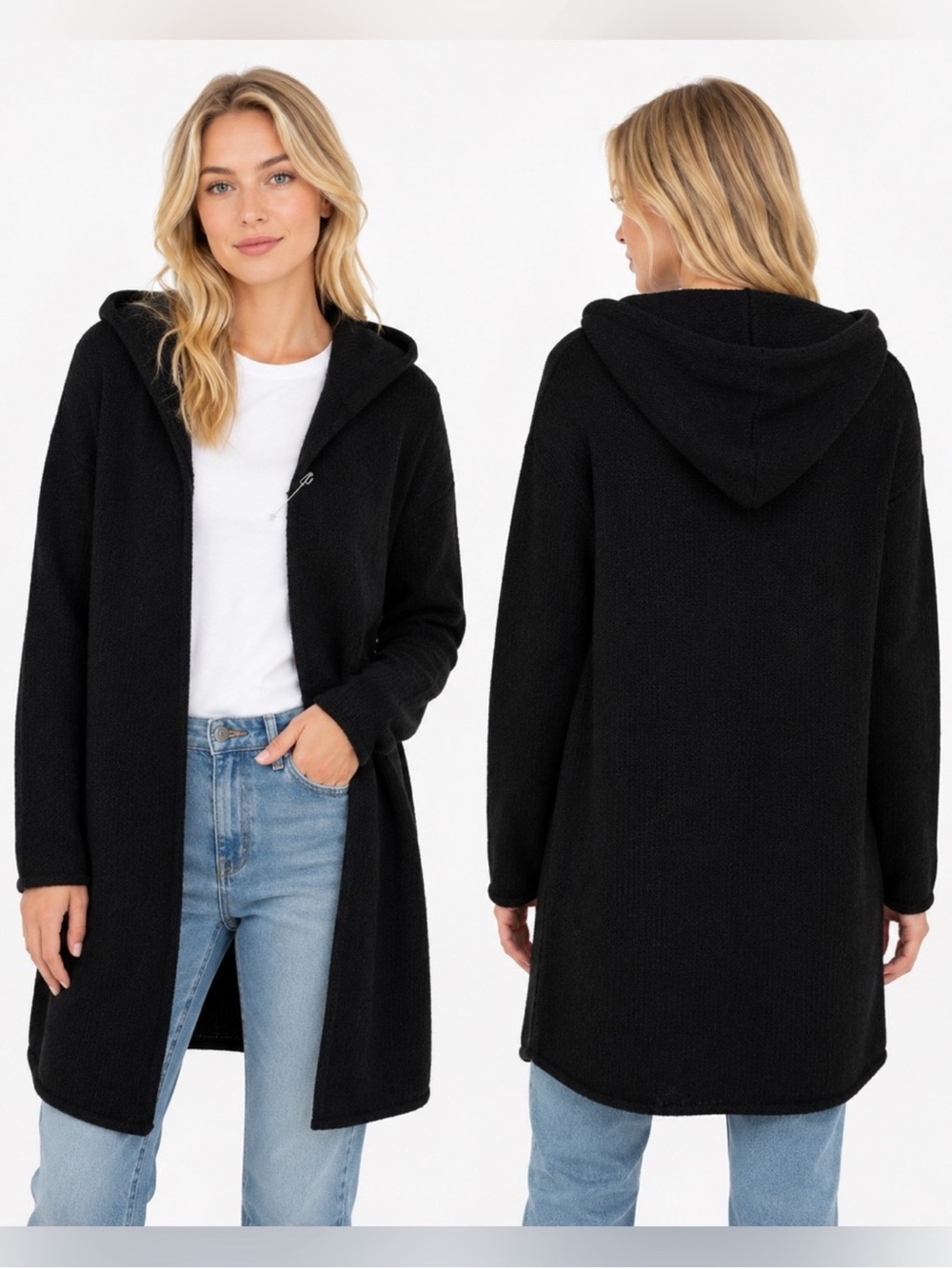 Lars Andersson Wool Designer Knit Long Open Front Cardigan Sweater Duster Black